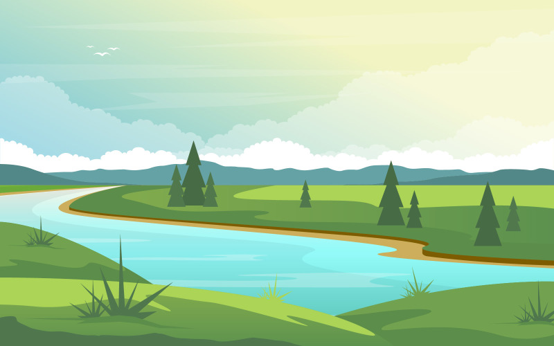 Morning Winding River - Illustration - TemplateMonster