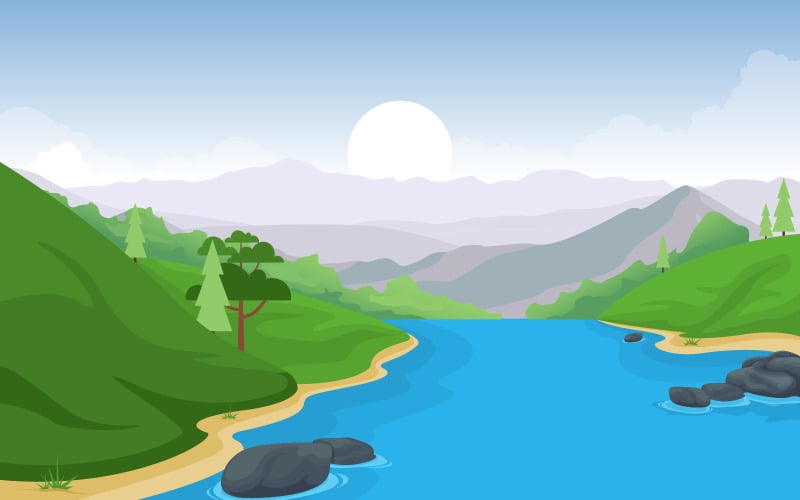 Download Иллюстрация "River Sunrise Landscape - Illustration" / River Sunrise Landscape - Illustration - Иллюстрация на тему графика river,flowing,forest,environment,beautiful,rural,nature,landscape,illustration,vector,water,valley,isolated,eco,fresh,natural,outdoor,wild,green,clean