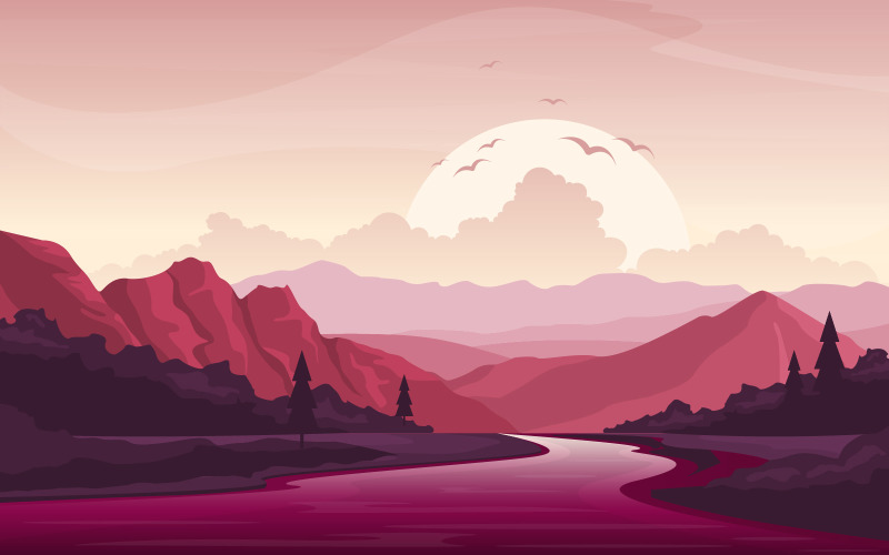Download Иллюстрация "River Sunset Landscape - Illustration" / River Sunset Landscape - Illustration - Иллюстрация на тему графика river,flowing,forest,environment,beautiful,rural,nature,landscape,illustration,vector,water,valley,isolated,eco,fresh,natural,outdoor,wild,green,clean