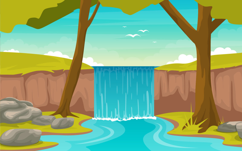 Download Иллюстрация "River Waterfall Landscape - Illustration" / River Waterfall Landscape - Illustration - Иллюстрация на тему графика river,waterfall,forest,environment,beautiful,rural,nature,landscape,illustration,vector,water,blue,cloud,trees,rocks,view,stream,stone,natural,summer