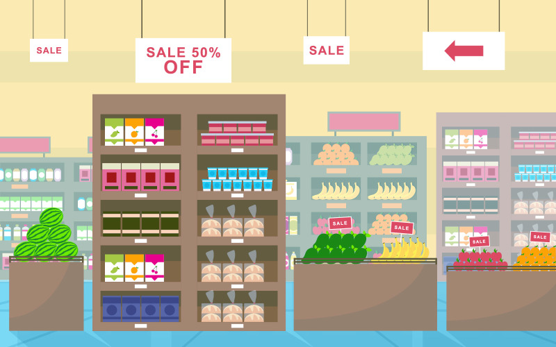 Download Иллюстрация "Shelf Store Retail - Illustration" / Shelf Store Retail - Illustration - Иллюстрация на тему графика supermarket,grocery,shelf,store,retail,shop,mall,interior,flat,illustration,vector,market,sale,fruit,milk,background,big,empty,groceries,showcase