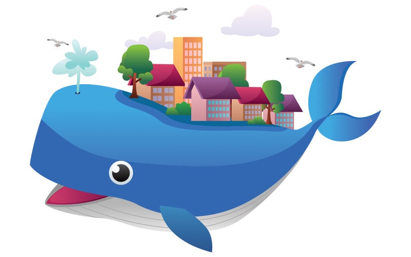 Download Иллюстрация "Whale Town - Illustration" / Whale Town - Illustration - Иллюстрация на тему графика whale,town,city,blue,white,animal,mammal,sea,ocean,water,house,building,architecture,concept,fantasy,creative,character,flat design,symbol,isolated