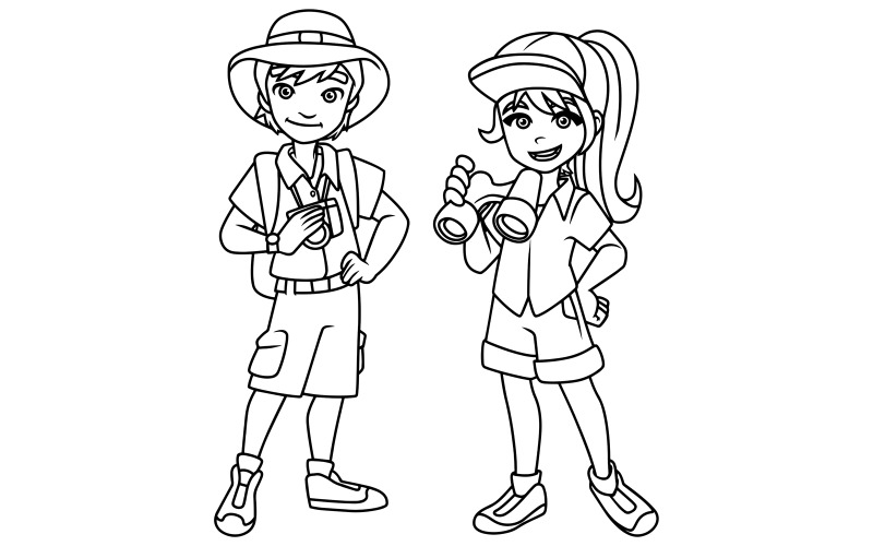 Download Иллюстрация "Adventure Kids Line Art - Illustration" / Adventure Kids Line Art - Illustration - Иллюстрация на тему графика explorer,exploration,search,quest,young,little,small,child,boy,girl,kid,teen,teenager,cartoon,coloring,book,line art,happy,smiling,scout