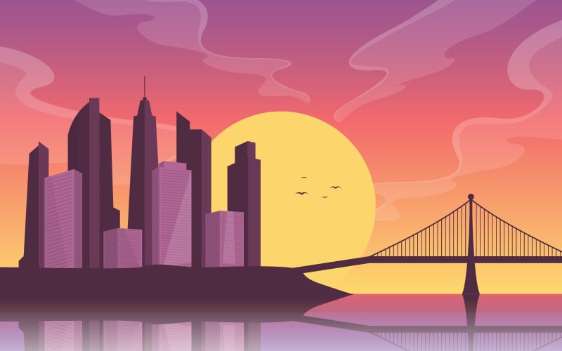 Download Иллюстрация "Afternoon River Bridge - Illustration" / Afternoon River Bridge - Illustration - Иллюстрация на тему графика river,morning,sunrise,afternoon,sunset,bridge,city,skyline,landmark,illustration,vector,water,cloud,town,landscape,building,lake,urban,flat,cityscape