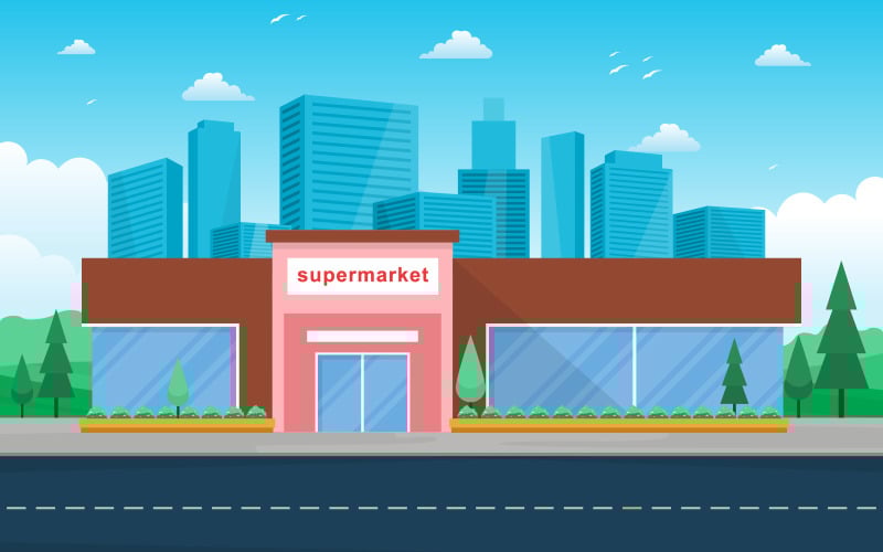 Download Иллюстрация "Building  Exterior Design - Illustration" / Building  Exterior Design - Illustration - Иллюстрация на тему графика supermarket,grocery,store,retail,shop,mall,city,building,flat,illustration,vector,template,background,day,clouds,cityscape,tree,car,front,design