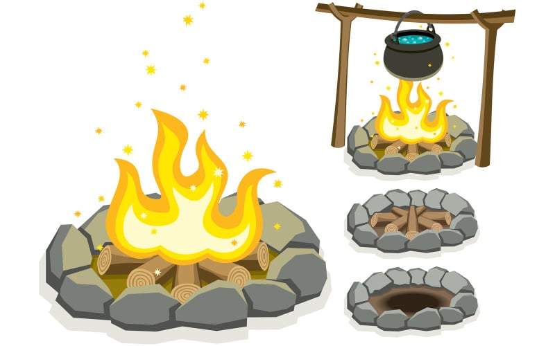Download Иллюстрация "Campfire - Illustration" / Campfire - Illustration - Иллюстрация на тему графика campfire,bonfire,fire,fireplace,flame,camping,stone,circle,rock,burning,outdoor,sparks,firewood,wood,log,pot,soup,water,boiling,cooking