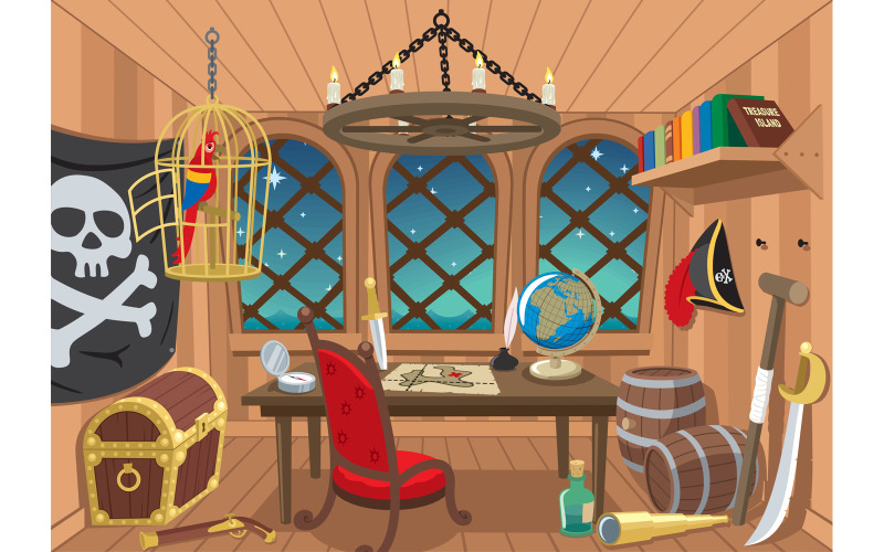 Download Иллюстрация "Captain’s Cabin - Illustration" / Captain’s Cabin - Illustration - Иллюстрация на тему графика cabin,berth,room,captain,pirate,pirate ship,interior,ship,sailing ship,cartoon,background,pirate flag,accessory,jolly roger,skull,bones,map,treasure,globe,window