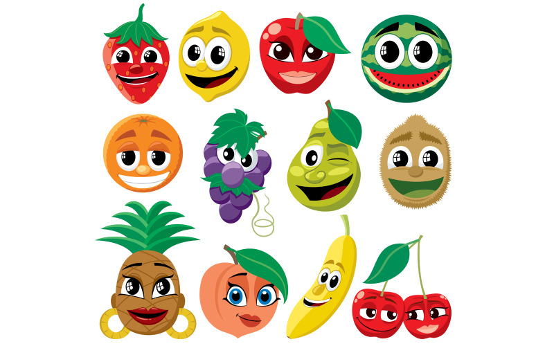 Download Иллюстрация "Cartoon Fruits - Illustration" / Cartoon Fruits - Illustration - Иллюстрация на тему графика fruit,cartoon,funny,fun,cute,smiling,smiley face,face,character,strawberry,lemon,apple,watermelon,orange,grapes,pear,kiwi,pineapple,peach,banana