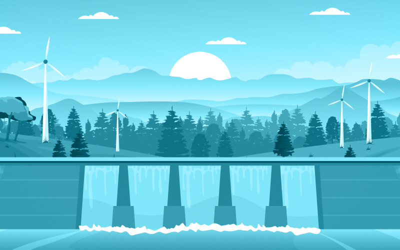 Download Иллюстрация "Dam City Modern - Illustration" / Dam City Modern - Illustration - Иллюстрация на тему графика river,water,flowing,dam,city,modern,building,landmark,illustration,vector,cloud,town,landscape,lake,urban,flat,cityscape,future,green,home