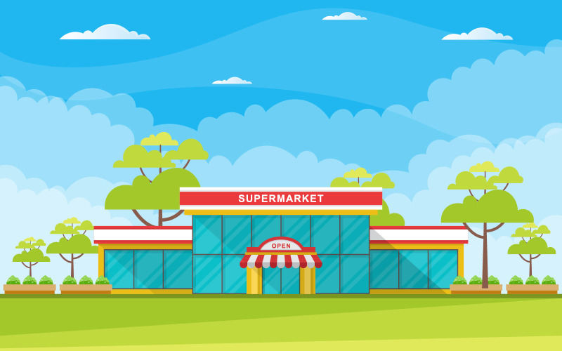 Download Иллюстрация "Exterior Modern Shop - Illustration" / Exterior Modern Shop - Illustration - Иллюстрация на тему графика supermarket,grocery,store,retail,shop,mall,city,building,flat,illustration,vector,template,background,day,clouds,tree,car,front,design,exterior