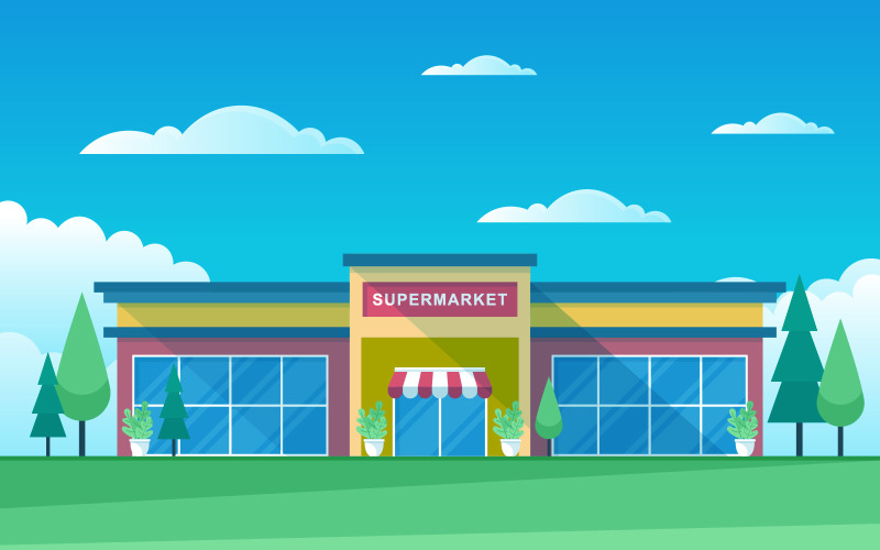 Download Иллюстрация "Exterior Retail Shop - Illustration" / Exterior Retail Shop - Illustration - Иллюстрация на тему графика supermarket,grocery,store,retail,shop,mall,city,building,flat,illustration,vector,template,background,day,clouds,tree,car,front,design,exterior