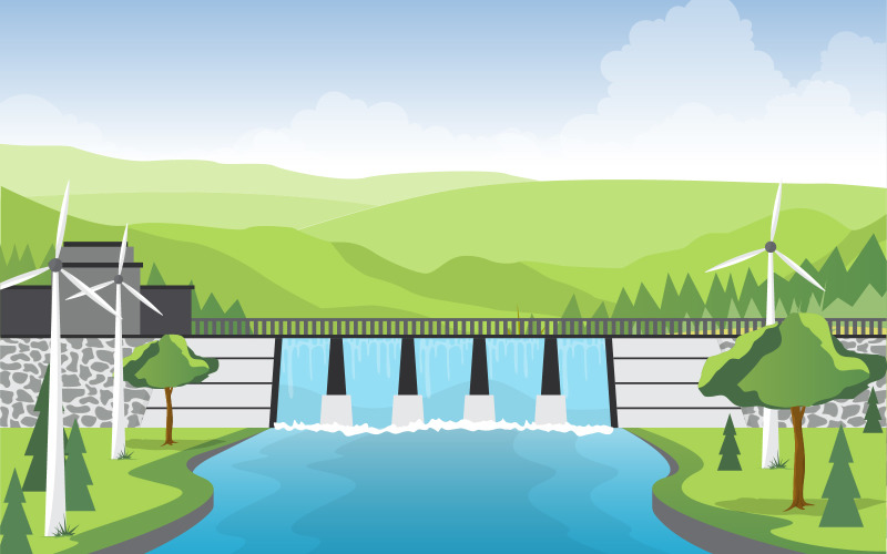 Download Иллюстрация "Modern Dam City - Illustration" / Modern Dam City - Illustration - Иллюстрация на тему графика river,water,flowing,dam,city,modern,building,landmark,illustration,vector,cloud,town,landscape,lake,urban,flat,cityscape,future,green,home