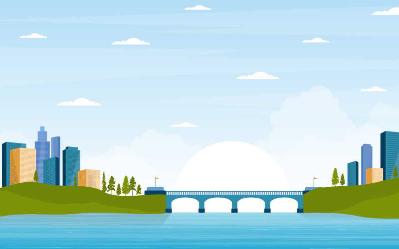 Download Иллюстрация "Morning River Bridge - Illustration" / Morning River Bridge - Illustration - Иллюстрация на тему графика river,morning,sunrise,afternoon,sunset,bridge,city,skyline,landmark,illustration,vector,water,cloud,town,landscape,building,lake,urban,flat,cityscape