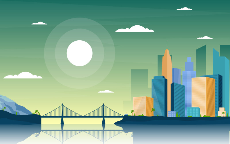 Download Иллюстрация "River Bridge Skyline - Illustration" / River Bridge Skyline - Illustration - Иллюстрация на тему графика river,bridge,sun,city,modern,building,skyline,landmark,illustration,vector,water,cloud,town,landscape,lake,urban,flat,cityscape,future,green