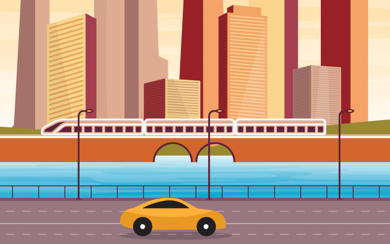 Download Иллюстрация "River lModern Rail - Illustration" / River lModern Rail - Illustration - Иллюстрация на тему графика river,water,city,modern,building,rail,train,skyline,landmark,illustration,vector,cloud,town,landscape,lake,urban,flat,cityscape,future,green