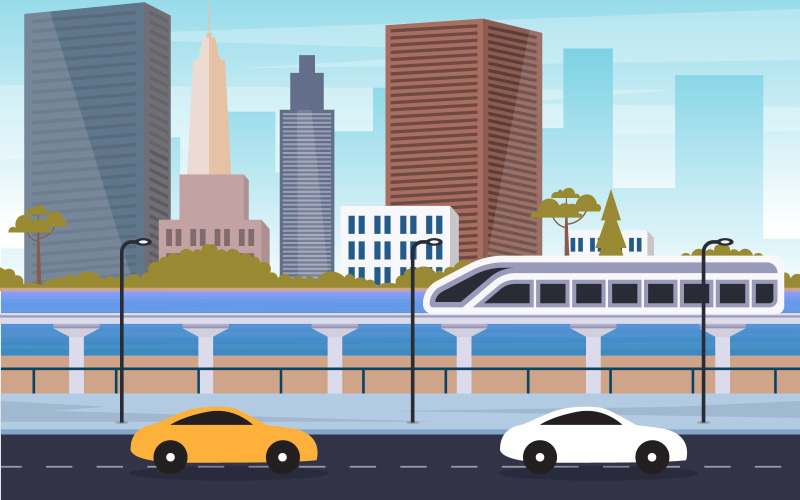 Download Иллюстрация "River Rail Skyline - Illustration" / River Rail Skyline - Illustration - Иллюстрация на тему графика river,water,city,modern,building,rail,train,skyline,landmark,illustration,vector,cloud,town,landscape,lake,urban,flat,cityscape,future,green
