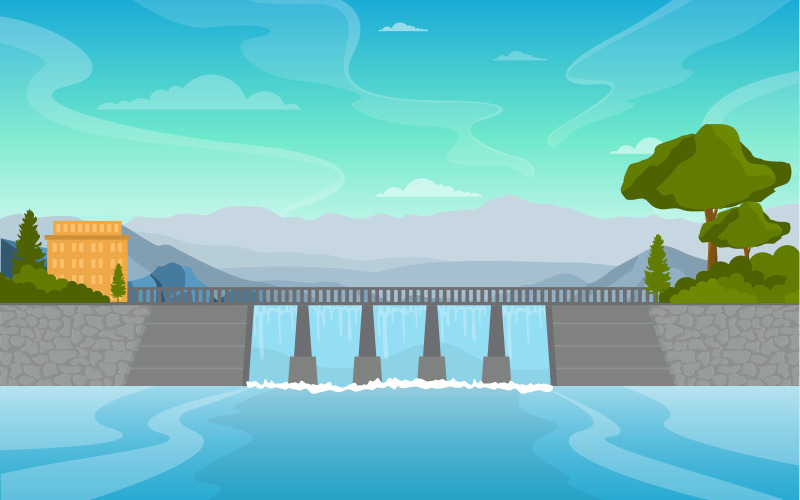 Download Иллюстрация "River Water Flowing - Illustration" / River Water Flowing - Illustration - Иллюстрация на тему графика river,water,flowing,dam,city,modern,building,landmark,illustration,vector,cloud,town,landscape,lake,urban,flat,cityscape,future,green,home