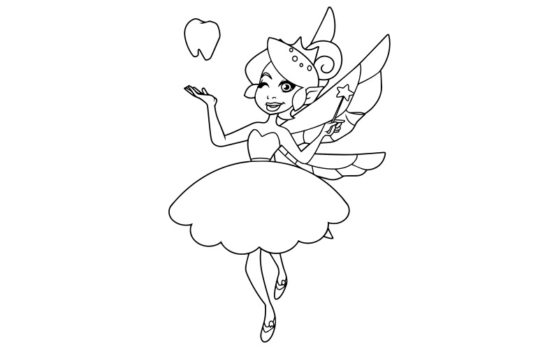 Download Иллюстрация "Tooth Fairy Line Art - Illustration" / Tooth Fairy Line Art - Illustration - Иллюстрация на тему графика fairy,tooth,tooth fairy,teeth,girl,flying,presenting,showing,magic,fantasy,coloring,book,line art,tinker,bell,elf,dragonfly,dress,costume,little