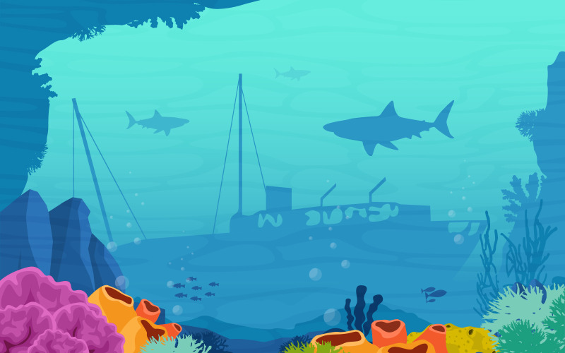 Download Иллюстрация "Ancient Sinking Ship - Illustration" / Ancient Sinking Ship - Illustration - Иллюстрация на тему графика underwater,sea,ocean,undersea,fish,coral,vector,illustration,design,animal,flora,fauna,deep,marine,reef,water,blue,cave,seascape,exotic