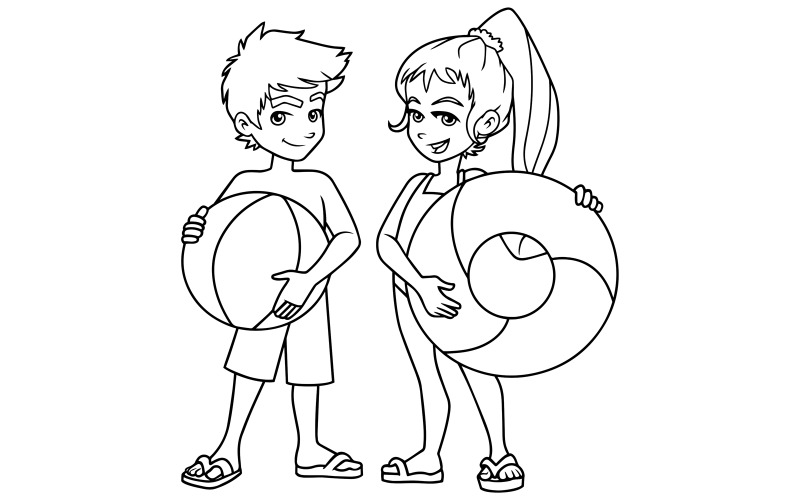 Beach Kids com Acessórios Line Art - Ilustração