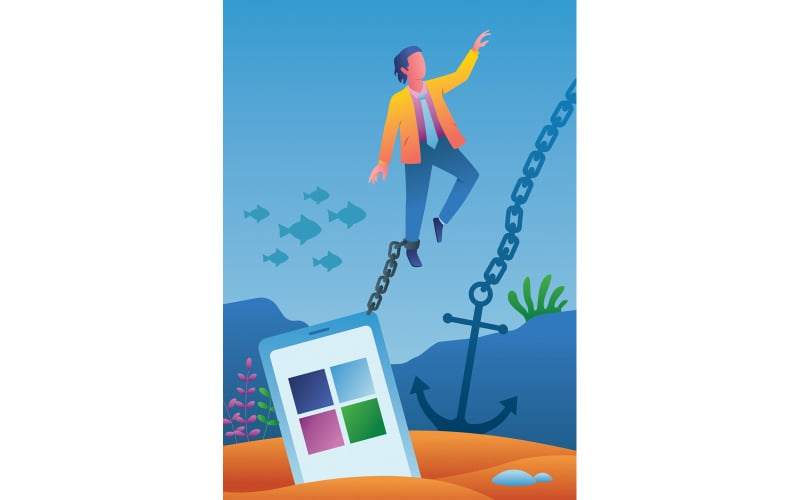Download Иллюстрация "Chained to Smartphone - Illustration" / Chained to Smartphone - Illustration - Иллюстрация на тему графика smartphone,phone,addiction,social media,internet,concept,mobile,online,technology,lifestyle,bad habit,people,person,chain,chained,prisoner,burden,anchor
