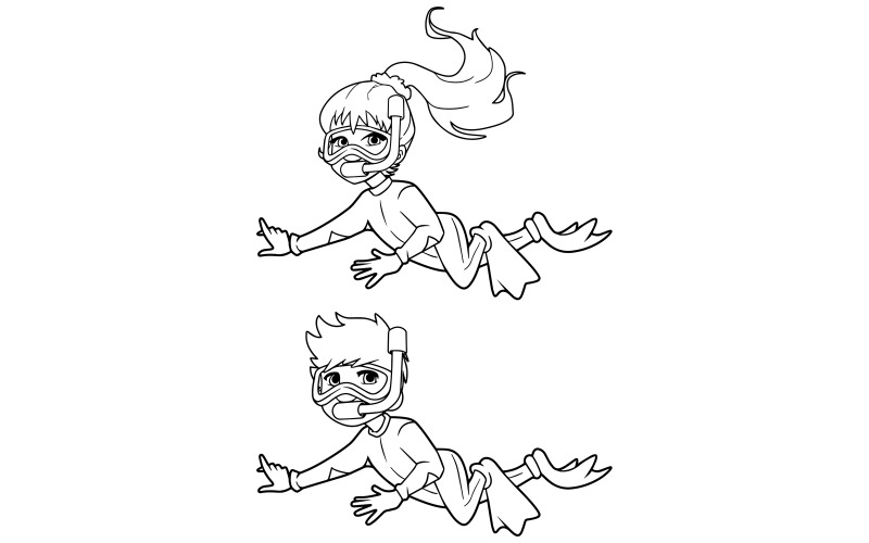 Download Иллюстрация "Diver Kids Line Art - Illustration" / Diver Kids Line Art - Illustration - Иллюстрация на тему графика boy,girl,children,diving,snorkeling,swimming,vacations,summer,suit,neoprene,mask,fins,hobby,friend,friends,kid,child,coloring,book,line art