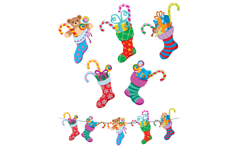 Download Иллюстрация "Christmas Socks - Illustration" / Christmas Socks - Illustration - Иллюстрация на тему графика christmas,stocking,stockings,sock,socks,christmas stocking,clothesline,present,gift,candy,cane,candy cane,doll,teddy bear,collection,set,celebration,decoration