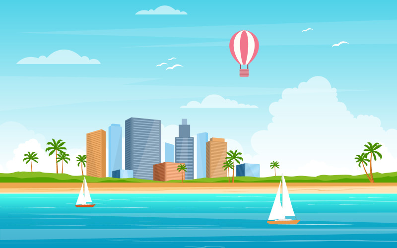 Download Иллюстрация "Coastline Beach Landscape - Illustration" / Coastline Beach Landscape - Illustration - Иллюстрация на тему графика vacation,tropical,beach,sea,palm,tree,summer,landscape,vector,illustration,background,sky,blue,panorama,shore,cartoon,sand,seaside,holiday,scenery