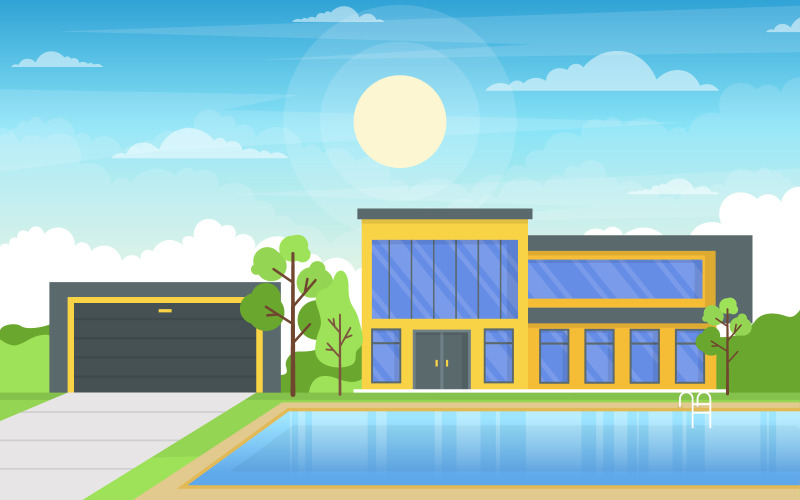 Download Иллюстрация "Exterior Modern Concept - Illustration" / Exterior Modern Concept - Illustration - Иллюстрация на тему графика modern,house,villa,exterior,swimming,pool,backyard,illustration,vector,water,day,cloud,blue,tree,top,view,background,poolside,outdoor,summer