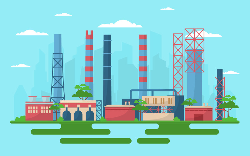 Download Иллюстрация "Industrial Area Landscape - Illustration" / Industrial Area Landscape - Illustration - Иллюстрация на тему графика industrial,factory,concept,manufacturing,building,facilities,area,flat,illustration,landscape,vector,business,engine,industry,manufacture,tree,cloud,sky,road,day