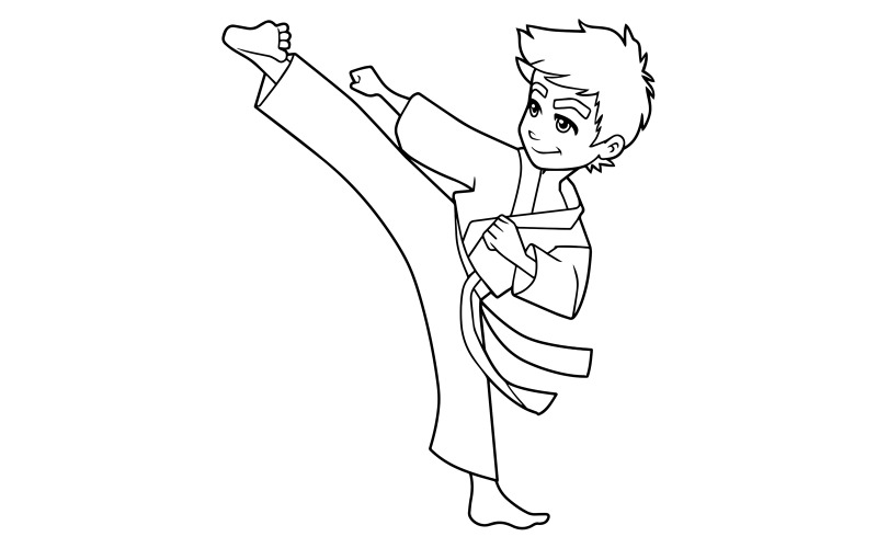 Karate Kick Boy Line Art - Ilustración