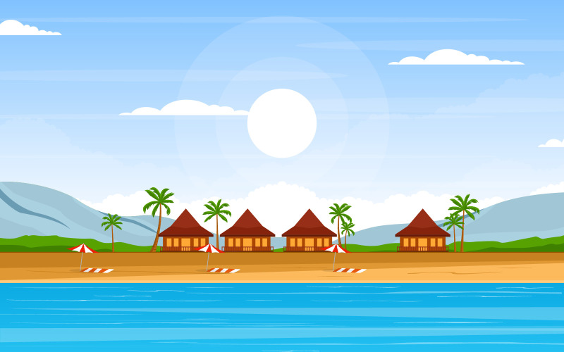 Летний пляж на море - Иллюстрация