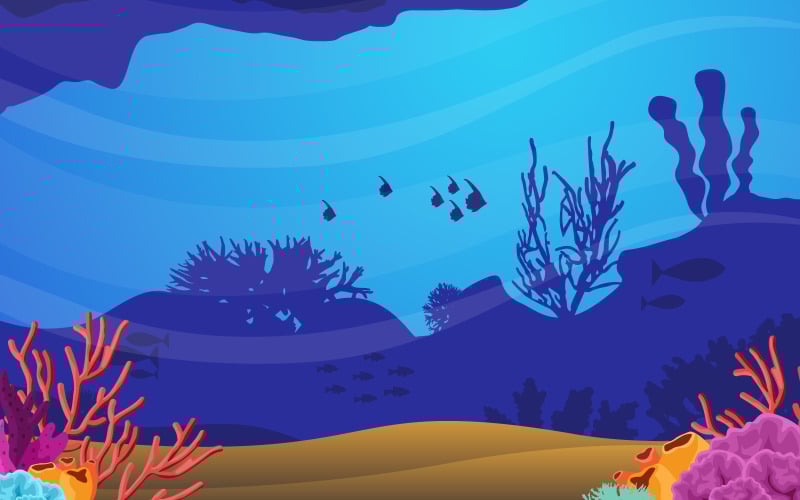 Download Иллюстрация "Marine Coral Reef - Illustration" / Marine Coral Reef - Illustration - Иллюстрация на тему графика underwater,sea,ocean,undersea,fish,coral,vector,illustration,design,animal,flora,fauna,deep,marine,reef,water,blue,cave,seascape,exotic