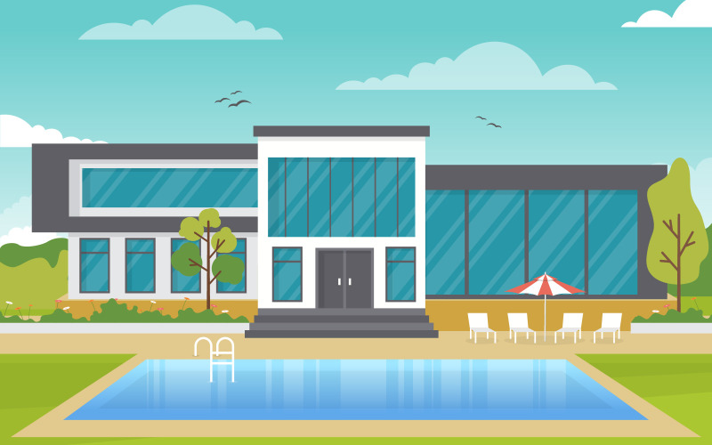 Download Иллюстрация "Multipurpose Modern Building - Illustration" / Multipurpose Modern Building - Illustration - Иллюстрация на тему графика modern,house,villa,exterior,swimming,pool,backyard,illustration,vector,water,day,cloud,blue,tree,top,view,background,poolside,outdoor,summer