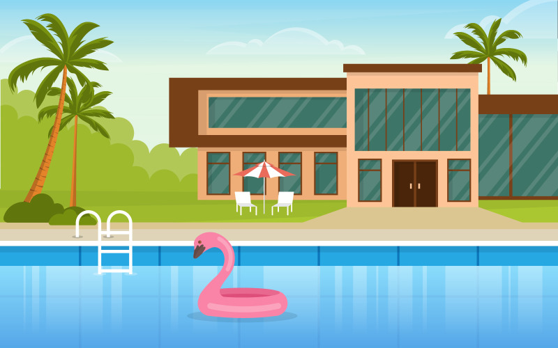 Download Иллюстрация "Multipurpose Swimming Pool - Illustration" / Multipurpose Swimming Pool - Illustration - Иллюстрация на тему графика modern,house,villa,exterior,swimming,pool,backyard,illustration,vector,water,day,cloud,blue,tree,top,view,background,poolside,outdoor,summer