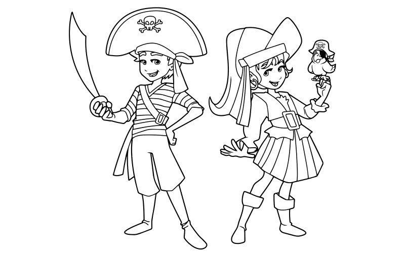 Download Иллюстрация "Pirate Kids Line Art - Illustration" / Pirate Kids Line Art - Illustration - Иллюстрация на тему графика boy,girl,children,pirate,costume,party,fun,kid,child,friend,carnival,friends,best friends,coloring,book,line art,illustration,vector,cartoon,character
