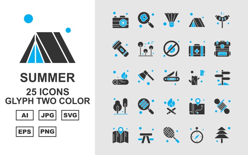 Download Набор иконок "25 Premium Summer Glyph Two Color Icon Pack Set" / 25 Premium Summer Glyph Two Color Icon Pack Set - Набор иконок на тему maps camera,axe,location,rope,map,outdoor,racket,gps,tree,find,shuttlecock,tent,hotdog,flashlight,fire,first aid,backpack,fire wood,icon,icons