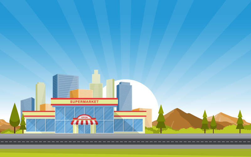 Download Иллюстрация "Retail Building Mall - Illustration" / Retail Building Mall - Illustration - Иллюстрация на тему графика supermarket,grocery,store,retail,shop,mall,city,building,flat,illustration,vector,template,background,day,sun,clouds,tree,car,front,design