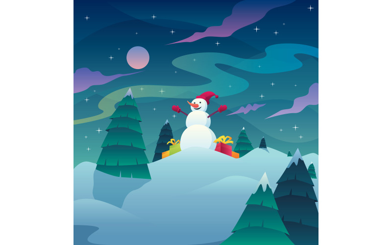 Download Иллюстрация "Snowman Christmas Landscape - Illustration" / Snowman Christmas Landscape - Illustration - Иллюстрация на тему графика snowman,christmas,xmas,landscape,background,greeting,card,new year,winter,season,holiday,celebration,snow,scene,tree,fir tree,fir,frost,gift,present