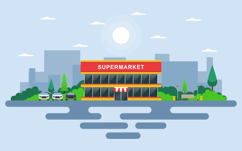 Download Иллюстрация "Store Retail Exterior - Illustration" / Store Retail Exterior - Illustration - Иллюстрация на тему графика supermarket,grocery,store,retail,shop,mall,city,building,flat,illustration,vector,template,background,day,sun,clouds,cityscape,tree,car,front