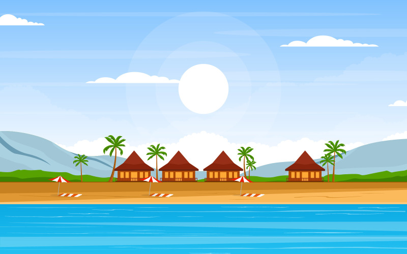 Download Иллюстрация "Summer Beach Sea - Illustration" / Summer Beach Sea - Illustration - Иллюстрация на тему графика vacation,tropical,beach,sea,palm,tree,summer,landscape,vector,illustration,background,sky,island,blue,panorama,shore,cartoon,sand,seaside,holiday