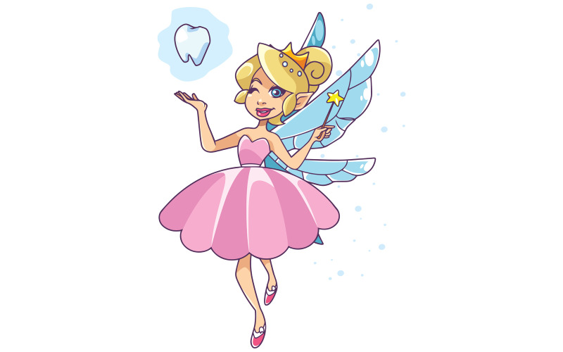 Download Иллюстрация "Tooth Fairy on White - Illustration" / Tooth Fairy on White - Illustration - Иллюстрация на тему графика fairy,tooth,tooth fairy,teeth,girl,flying,presenting,showing,magic,fantasy,blond,hair,tinker,bell,elf,dragonfly,dress,costume,little,wand