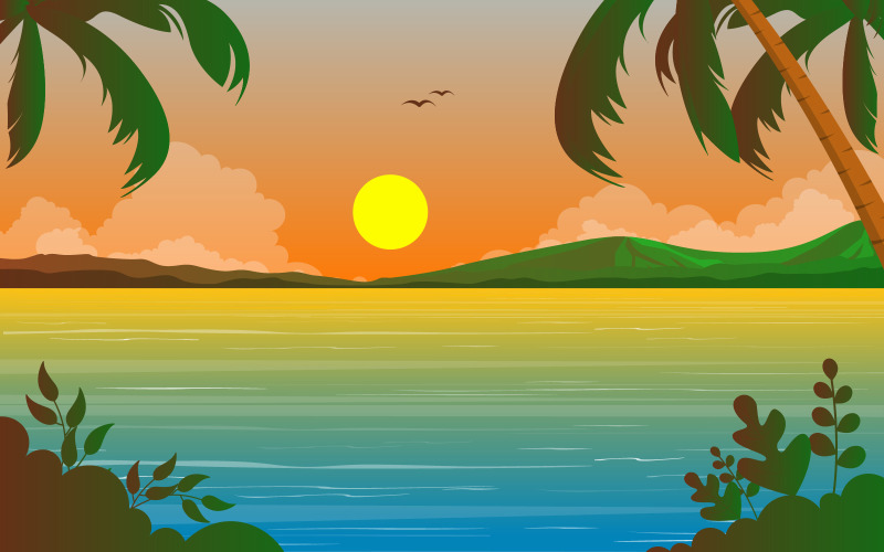 Download Иллюстрация "Tropical Beach Landscape - Illustration" / Tropical Beach Landscape - Illustration - Иллюстрация на тему графика vacation,tropical,beach,sea,palm,tree,summer,landscape,vector,illustration,background,sky,island,blue,panorama,shore,cartoon,sand,seaside,holiday