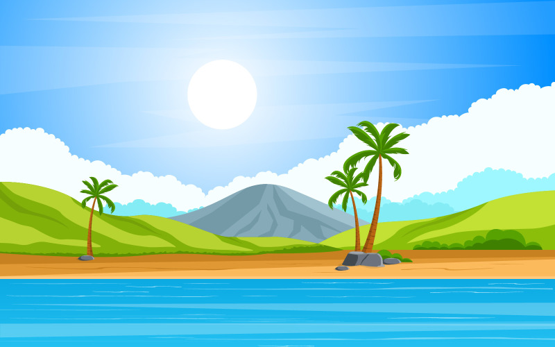Download Иллюстрация "Tropical Beach Summer - Illustration" / Tropical Beach Summer - Illustration - Иллюстрация на тему графика vacation,tropical,beach,sea,palm,tree,summer,landscape,vector,illustration,background,sky,island,blue,panorama,shore,cartoon,sand,seaside,holiday