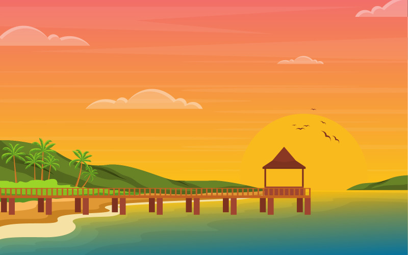 Download Иллюстрация "Vacation Beach Summertime - Illustration" / Vacation Beach Summertime - Illustration - Иллюстрация на тему графика vacation,tropical,beach,sea,palm,tree,summer,landscape,vector,illustration,background,sky,island,blue,panorama,shore,cartoon,sand,seaside,holiday