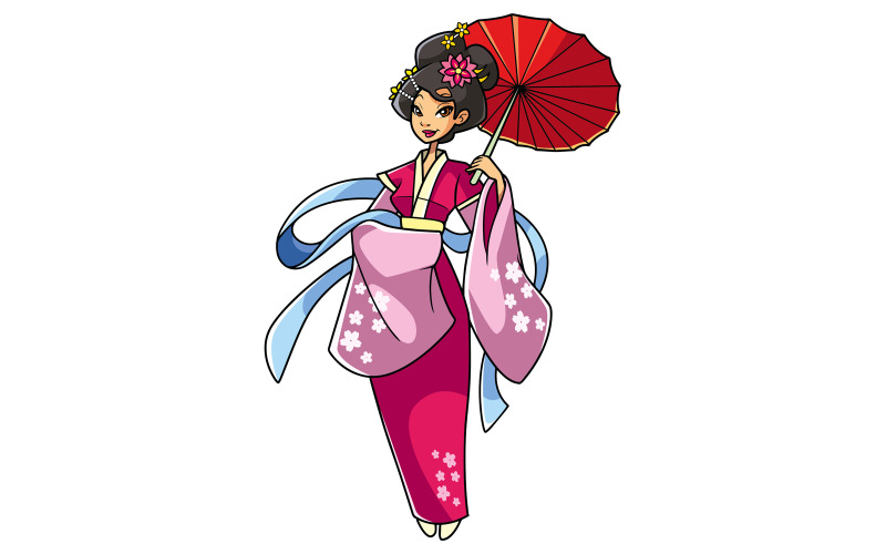 Download Иллюстрация "Asian Girl - Illustration" / Asian Girl - Illustration - Иллюстрация на тему графика asian,chinese,japanese,woman,traditional,kimono,clothes,clothing,beautiful,brunette,hair,tradition,culture,holding,wearing,umbrella,floral,pattern,red,ethnicity