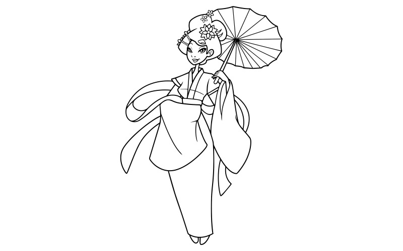 Download Иллюстрация "Asian Girl  Line Art - Illustration" / Asian Girl  Line Art - Illustration - Иллюстрация на тему графика asian,chinese,japanese,woman,traditional,kimono,clothes,clothing,beautiful,brunette,hair,tradition,culture,holding,wearing,umbrella,floral,pattern,ethnicity,graceful