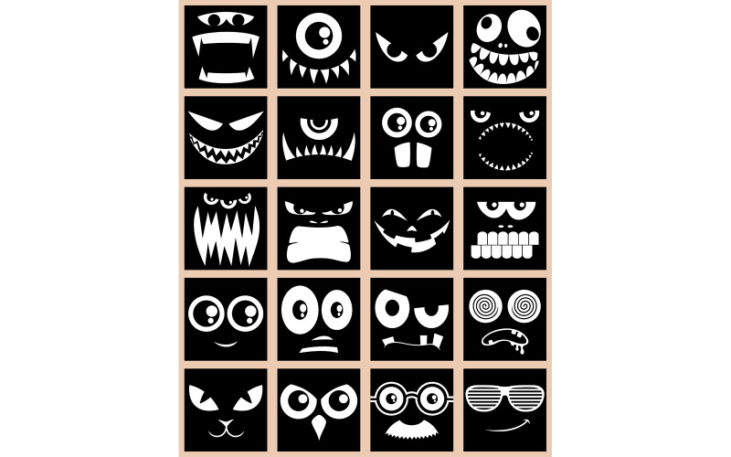 Download Иллюстрация "Avatars – Black - Illustration" / Avatars – Black - Illustration - Иллюстрация на тему графика avatar,mascot,icon,profile,portrait,black,white,halloween,social media,silhouette,simple,square,face,character,monster,alien,evil,emotion