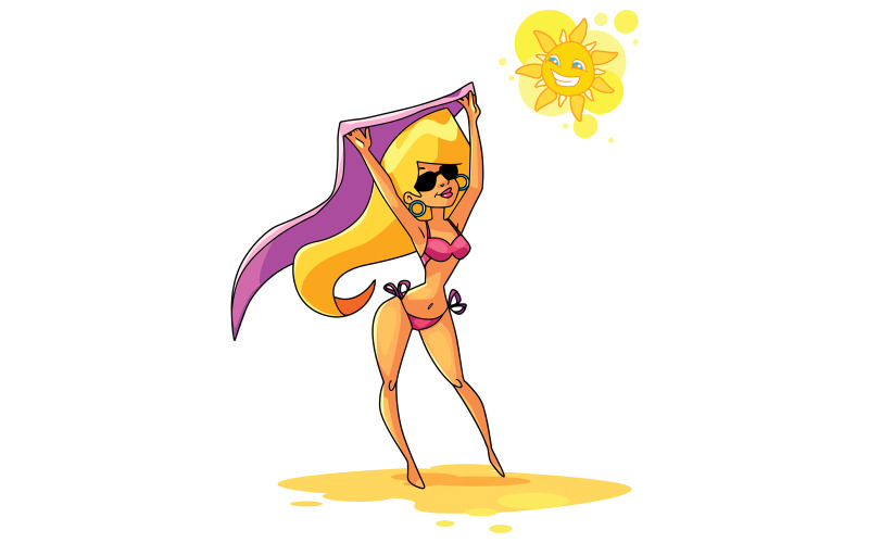 Download Иллюстрация "Beach Girl Standing - Illustration" / Beach Girl Standing - Illustration - Иллюстрация на тему графика woman,beach,purple,happy,vacations,ultraviolet,summer,standing,holding,scarf,towel,sunglasses,long hair,blond hair,blonde,beautiful,sand,sunny,sun,girl