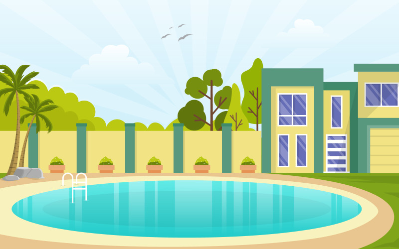 Download Иллюстрация "Building Exterior Concept - Illustration" / Building Exterior Concept - Illustration - Иллюстрация на тему графика modern,house,villa,exterior,swimming,pool,backyard,illustration,vector,water,day,cloud,blue,tree,top,view,background,poolside,outdoor,summer